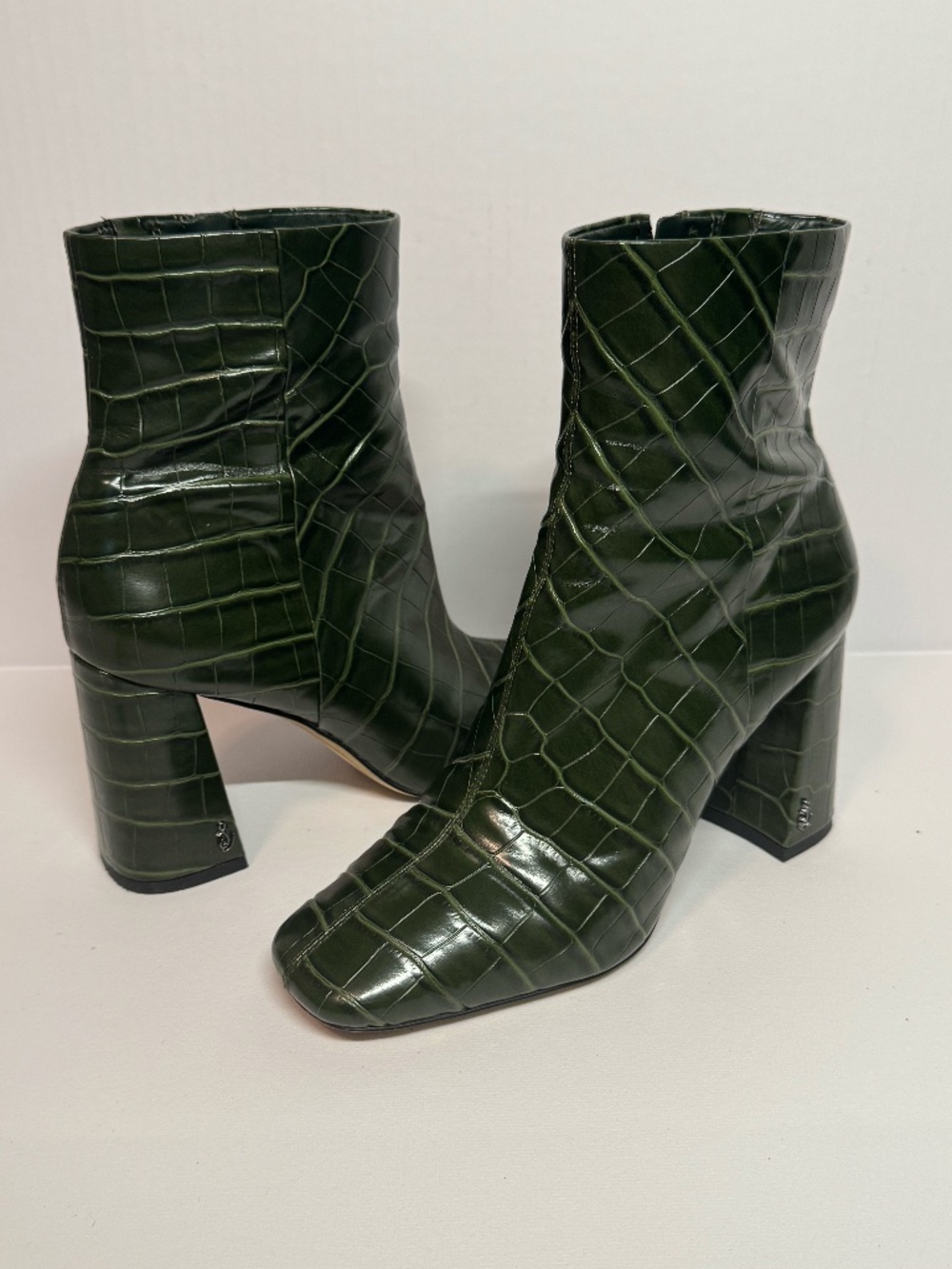Sam Edelman Codie 2 Green Croc Embossed Ankle Boots Block Heel Size 8.5